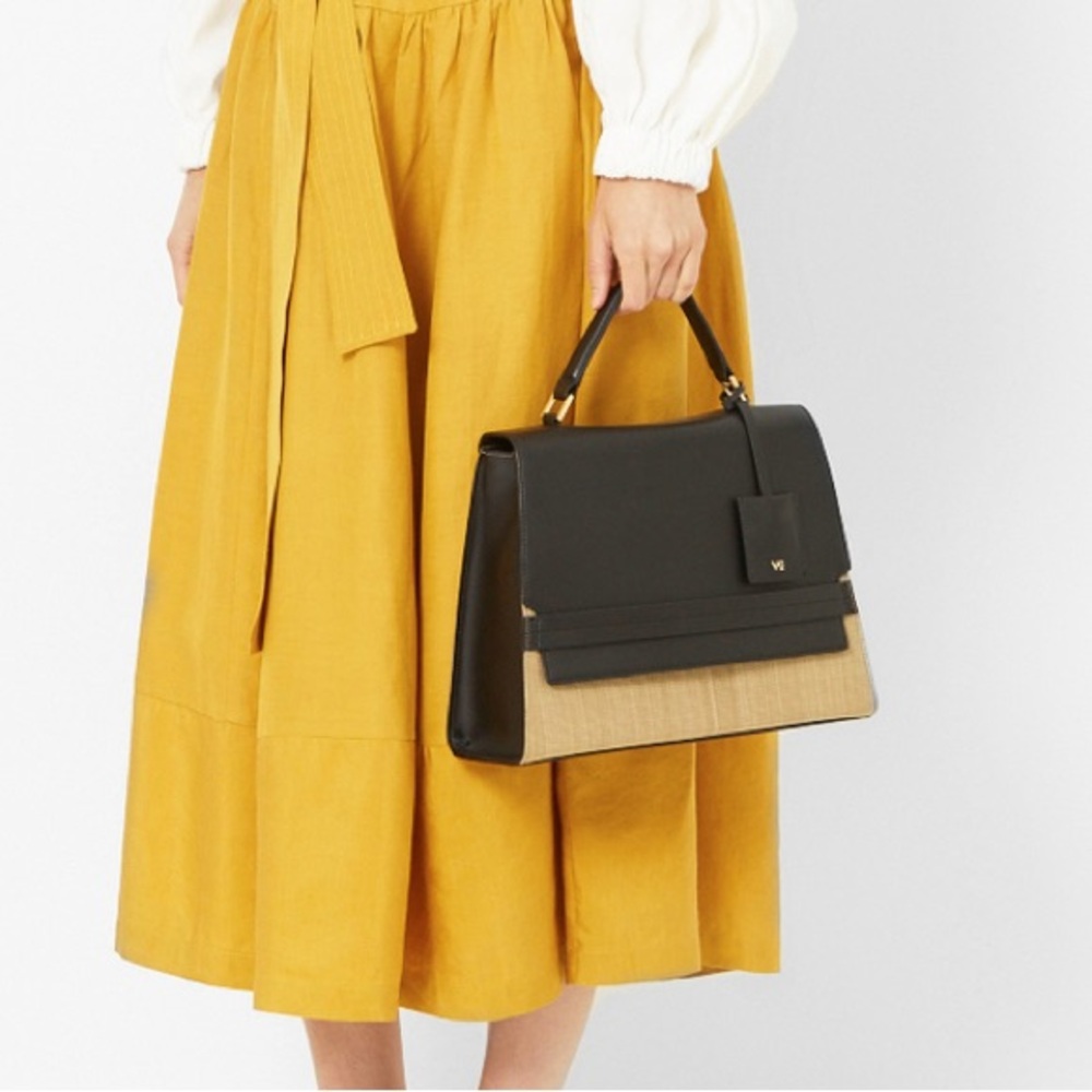 Vasic Black Gentee Leather Panel Basket Weave Bag